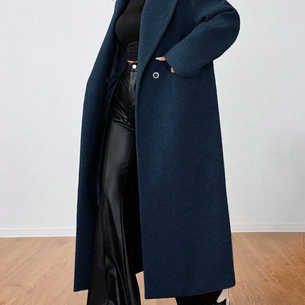 Navy Blue Casual Women's Lapel Long Coat